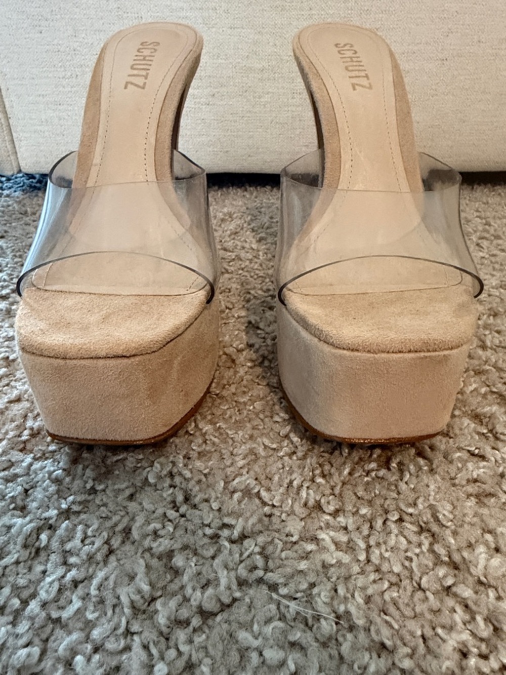 SCHUTZ Beige Suede Platform Mule with Clear Strap - Picture 5 of 6